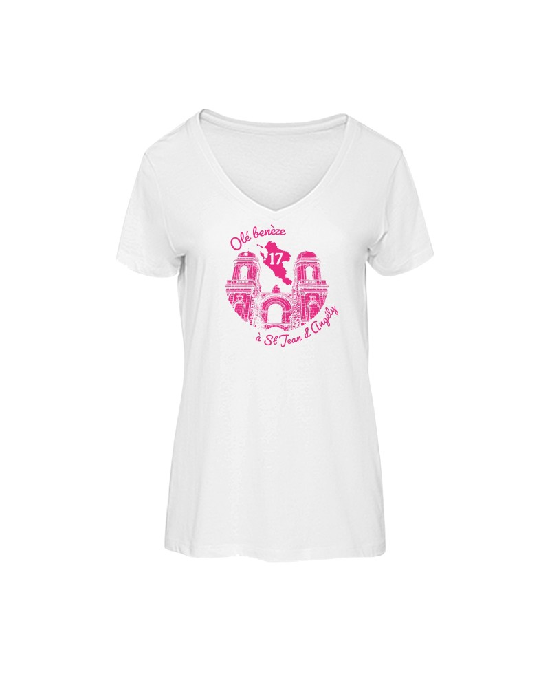 Tee-shirt femme col V “Olé benèze à St Jean d’Angély” – Bio, local & stylé ♻️✨