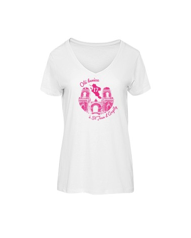 Tee-shirt femme col V “Olé benèze à St Jean d’Angély” – Bio, local & stylé ♻️✨