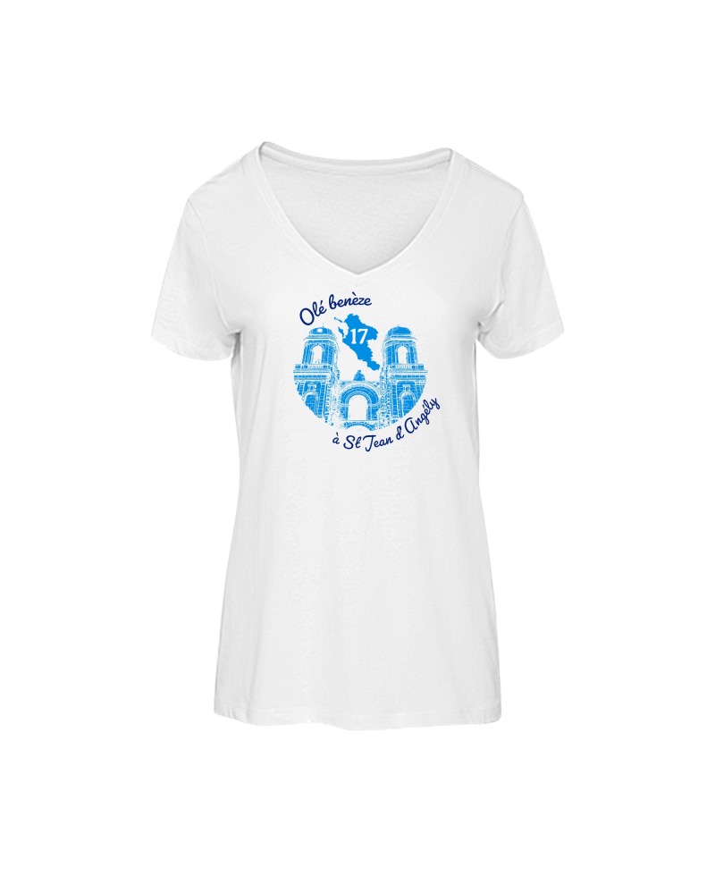 Tee-shirt femme col V “Olé benèze à St Jean d’Angély” – Bio, local & stylé ♻️✨