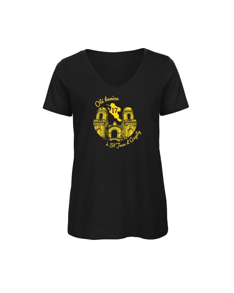 Tee-shirt femme col V “Olé benèze à St Jean d’Angély” – Bio, local & stylé ♻️✨